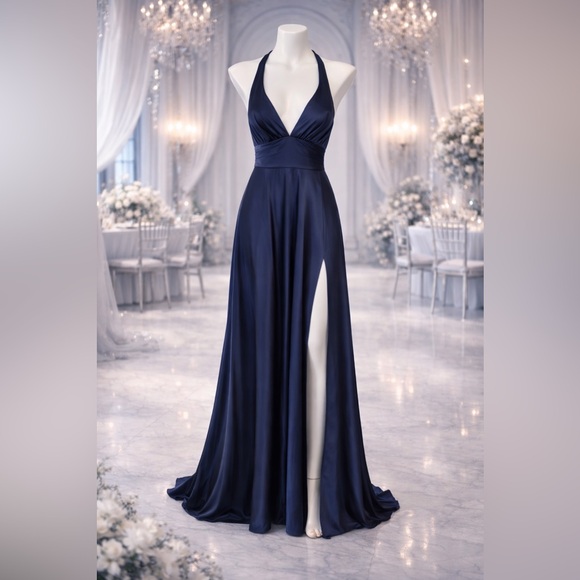 Dresses & Skirts - NWT Navy Blue Satin Maxi Dress Open Back Spaghetti Strap Sleeveless 12